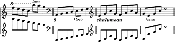 
<< { \override Score.TimeSignature #'stencil = ##f } \time 4/4 \new Staff { \ottava #1 f'''8 e''' d''' c''' \ottava #0 b''^\markup { \smaller \italic loco } a'' g''4 \bar "||" \clef bass \ottava #-1 a,,8 b,, c, d, \ottava #0 e_\markup { \smaller \italic loco } f g4 \bar "||" \clef treble \ottava #-1 \set Staff.ottavation = #"chalumeau" e8 g c' g f a c' a | g \ottava #0 e'_\markup { \smaller \italic clar. } g' c'' e''2 \bar "||" } \new Staff { f'''8 e''' d''' c''' b'' a'' g''4 | \clef bass a,,8 b,, c, d, e, f, g,4 | \clef treble e8 g c' g f a c' a | g e' g' c'' e''2 } >>
