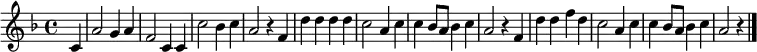 
\relative c' { \key f \major \time 4/4 \partial 4
             c4 | a'2 g4 a4 | f2 c4 c4 | c'2 bes4 c4 | a2 r4 f4 |
             d'4 d4 d4 d4 | c2 a4 c4| c4 bes8 a8 bes4 c4| a2 r4 f4 |
             d'4 d4 f4 d4 | c2 a4 c4| c4 bes8 a8 bes4 c4| a2 r4| \bar "|."
}
%{
\addlyrics {
     Wir | hat -- ten ge -- | bau -- et ein | statt -- li -- ches | Haus und |
     drin auf Gott ver -- | trau -- et trotz | Wet -- te -- r, Sturm und | Graus, und
     drin auf Gott ver -- | trau -- et trotz | Wet -- te -- r, Sturm und | Graus.
}
%}
