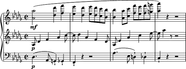 
\relative c'' {
  \new PianoStaff <<
    \new Staff {
      \set Staff.midiInstrument = #"piano" \key des \major \clef treble \time 2/2 \set Score.tempoHideNote = ##t \tempo 2 = 50
      <as as'>2 \mf ( <des des'>4 <f f'>4 |
      <es es'>4 <des des'>4 <es es'>8 <des des'>8 <c c'>8 <bes bes'>8 |
      <bes bes'>4 <as as'>8 <c c'>8 <f f'>8 <es es'>8 <f f'>8 <g g'>8 |
      <as as'>4 ) r4 r2 |
    }
    \new Staff {
      \set Staff.midiInstrument = #"piano" \key des \major \clef treble \time 2/2
      as,,8 \p des4 f4 as4 c8 ~ |
      c8 des4 as4 f4 des8 |
      as8 es'4 as4 c4 es8 ~ | % 4
      es8 as4 r8 r2 |
    }
    \new Staff {
      \set Staff.midiInstrument = #"piano" \key des \major \clef bass \time 2/2
      des,,,4. \p ( as8 g4 ) -! ges4 -! |
      f4 -! r4 r2 |
      as'4. ( es8 d4 ) -! des4 -! |
      c4 -! r4 r2 |
    }
  >>
}
