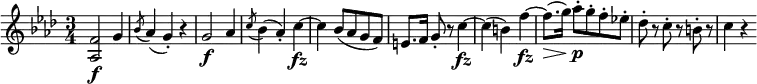 
\relative f' { \key f \minor \time 3/4
<f as,>2 \f g4 | \acciaccatura bes8 as4( g-.) r
g2 \f as4 | \acciaccatura c8 bes4( as-.) c~ \fz | c4 bes8( as g f) | e8. f16) g8-. r c4~ \fz
c4( b) f'~ \fz | f8.( \> g16) as8-. \p g-. f-. es!-. | des8-. r c-. r b-. r | c4 r
} 