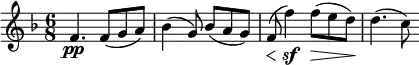  
    \relative c' {
        \set Score.tempoHideNote = ##t \tempo 8 = 84
        \set Staff.midiInstrument = #"violin"
        \set Score.currentBarNumber = #37
        \key f \major
        \time 6/8
       
        f4.\pp f8( g a)
        bes4( g8) bes( a g)
        \override DynamicLineSpanner.staff-padding = #2
        f(\< f'4)\sf f8(\> e d)\!
        d4.( c8)
    }
