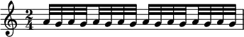  {
    \relative c'' {
        \time 2/4
        a32[ g a \set stemRightBeamCount = #1 g \set stemLeftBeamCount = #1 a g a g]
        a32[ g a \set stemRightBeamCount = #1 g \set stemLeftBeamCount = #1 a g a g]
    }
}
