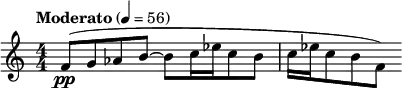  \relative c' { \clef treble \numericTimeSignature \time 4/4 \tempo "Moderato" 4 = 56 f8(\pp g aes b~ b[ c16 ees c8 b] | c16[ ees c8 b f] ) } 