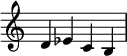 
{
\override Score.TimeSignature #'stencil = ##f
\relative c' {
  \clef treble
  \time 4/4 d es c b
} }
