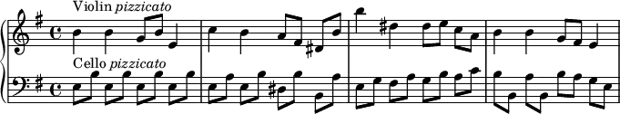  {\new PianoStaff {<<\new Staff \relative c'{\set Staff.midiInstrument=#"pizzicato strings" \time 4/4 \set Score.tempoHideNote = ##t \tempo 4=60 \autoBeamOff \clef treble \key e \minor ^\markup {Violin \italic pizzicato} |b'4 b4 g8[b8] e,4|c'4 b4 a8[fis8] dis8[b'8]|b'4 dis,4 dis8[e8] c8[a8]|b4 b4 g8[fis8] e4|}

\new Staff \relative c'{\set Staff.midiInstrument=#"pizzicato strings" \time 4/4 \autoBeamOff \clef bass \key e \minor ^\markup {Cello \italic pizzicato} |e,8[b'8] e,8[b'8] e,8[b'8] e,8[b'8]|e,8[a8] e8[b'8] dis,8[b'8] b,8[a'8]|e8[g8] fis8[a8] g8[b8] a8[c8]|b8[b,8] a'8[b,8]|b'8[a8] g8[e8]}>>}}