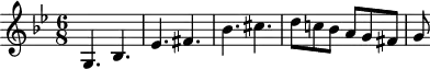 
\header { tagline = ##f }
\score {
<<
  \relative c'' {
    \key g \minor
    \time 6/8
    \tempo 4. = 80
    \set Staff.midiInstrument = #"harpsichord"
     %% K30 theme
    g,4. bes ees fis bes cis d8 c! bes a g fis g
  }
>>
  \layout { \context { \Score \remove "Metronome_mark_engraver" } }
  \midi {}
}
