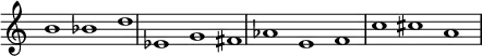 
{
\override Score.TimeSignature
#'stencil = ##f
\override Score.SpacingSpanner.strict-note-spacing = ##t
  \set Score.proportionalNotationDuration = #(ly:make-moment 3/2)
    \relative c'' {
        \time 3/1
        \set Score.tempoHideNote = ##t \tempo 1 = 60
        b1 bes d
        es, g fis
        aes e f
        c' cis a
    }
}
