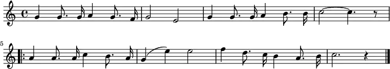 
  \new Voice \relative c'' {
    \autoBeamOff
    \language "deutsch"
    \tempo 4 = 120 \set Score.tempoHideNote = ##t
\new Voice \relative c'' { \set Staff.midiInstrument = #"trumpet"
  \autoBeamOff
  \language "deutsch"
  \tempo 4 = 120 \set Score.tempoHideNote = ##t
  \key c \major
  g4 g8. g16 a4 g8. f16 g2 e
  g4 g8. g16 a4 h8. h16 c2~ c4. r8
  \repeat volta 2 {
    a4 a8. a16 c4 h8. a16 g4 ( e' ) e2
    f4 d8. c16 h4 a8. h16 c2. r4
  }
  \bar "|."
}
  }
