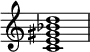  {
\override Score.TimeSignature #'stencil = ##f
\relative c' { 
  \clef treble \time 4/4
  <c e gis bes d>1
} }
