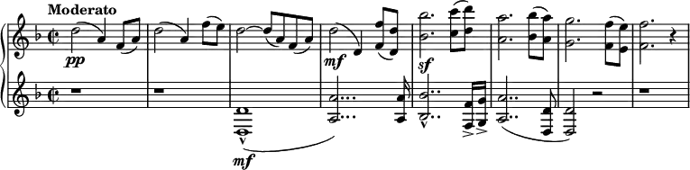 
\relative c'' {
  \new PianoStaff <<
    \new Staff {
      \set Staff.midiInstrument = #"piano" \key d \minor \clef treble \time 2/2 \set Score.tempoHideNote = ##t \tempo "Moderato" 4 = 110
      d2 \pp ( a4 ) f8 ( a ) |
      d2 ( a4 ) f'8 ( e ) |
      d2 ~ d8 ( a ) f ( a ) |
      d2 \mf ( d,4 ) <f f'>8 ( <d d'>8 ) |
      <bes' bes'>2. \sf <c c'>8 ( <d d'>8 ) |
      <a a'>2. <bes bes'>8 ( <a a'>8 ) |
      <g g'>2. <f f'>8 ( <e e'>8 ) |
      <f f'>2. r4
    } |
    \new Staff {
      \set Staff.midiInstrument = #"piano" \key d \minor \clef treble
      r1 |
      r1 |
      <d, d'>1 \mf -^ ( |
      <a' a'>2... ) <a a'>16 |
      <bes bes'>2.. -^ <f f'>16 -> <g g'>16 -> |
      <a a'>2.. ( <d, d'>8 |
      <d d'>2 ) r2 |
      r1 |
    }
  >>
}
