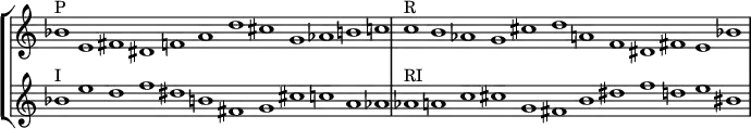 
{
\override Score.TimeSignature
#'stencil = ##f
\override Score.SpacingSpanner.strict-note-spacing = ##t
  \set Score.proportionalNotationDuration = #(ly:make-moment 3/1)
\new StaffGroup <<
   \new Staff 
      \relative c'' {
         \time 12/1
         bes1^\markup { P } e, fis dis f a d cis g aes b c
         c^\markup { R }  b aes g cis d a f dis fis e bes'
      }
   \new Staff {
      \relative c'' { 
         bes1^\markup { I } e d f dis b fis g cis c a aes
         aes^\markup { RI } a c cis g fis b dis f d e bis
      } }
>> 
}
