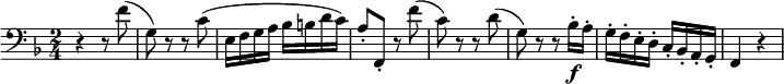   {
\relative c' { \clef bass \key f \major \time 2/4
  r4 r8 f8( | g,) r r c( | e,16 f g a bes b d c) | a8-. f,-. r f''( | c) r r d( | g,) r r bes16-.\f a-. | g-. f-. e-. d-. c-. bes-. a-. g-. | f4 r
} }
\layout { \context {\Score \omit BarNumber} line-width = #180 }
