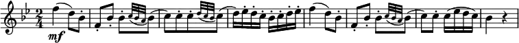  {\relative f'' { \key bes \major \time 2/4
f4( \mf d8) bes-. | f8-. bes-. bes-.[ \appoggiatura { c32 bes a } bes8(]
c8)[ c-. c-. \appoggiatura { d32 c bes } c8(] | d16) es-. d-. c-. bes-. c-. d-. es-.
f4( d8) bes-. | f8-. bes-. bes-.[ \appoggiatura { c32 bes a } bes8(]
c8) c-. c16( es d c) | bes4 r}}