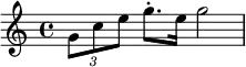 \relative c'' { \set Staff.midiInstrument = #"trumpet" \times 2/3 {g8 c e} g8.\staccato e16 g2 }