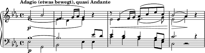 
\relative c'' {
  \new PianoStaff <<
    \new Staff <<
      \new Voice { \set Score.tempoHideNote = ##t \tempo "Adagio (etwas bewegt), quasi Andante" 4 = 45 } {
        \clef "treble" \key es \major \stemUp \set Staff.midiInstrument = #"string ensemble 1" \time 4/4 | % 1
        g2 \p ^( bes2 |
        f4. g16 as16 g4 ) s4 |
        r8 \< es4 ^( f16 g16 ) as8 ^( c8 es8 c8 ) |
        bes2 \! \> ^( as4 \! ) s4 |
      }
      {
        \clef "treble" \key es \major \stemDown \time 4/4 |
        es1 _( _~ |
        es4 d4 es4 ) r4 |
        es2 \! es4. _( g8 ) |
        es2 \! _( as4 ) r4 |
      }
    >>
    \new Staff <<
      \new Voice { \set Staff.midiInstrument = #"string ensemble 1" {
        \clef "bass" \key es \major \stemUp \time 4/4 
        bes,1 \p ^~ |
        bes2. es8 d8 |
        es4 d4 c4 bes8 g8 |
        c2. c4\rest |
      }}
      \new Voice {
        \clef "bass" \key es \major \stemDown \time 4/4 
        es,2 g,2 |
        bes2 es4 es4 |
        c'4 bes4 as4 g8 es8 |
        c2 c2\rest |
      }
    >>
  >>
}
