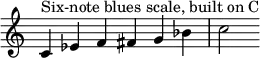 
{
\override Score.TimeSignature #'stencil = ##f
\relative c' {
  \clef treble
  \time 6/4 c4^\markup { "Six-note blues scale, built on C" } es f fis g bes c2
} }
