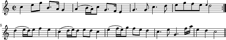 { \time 2/2 \relative c'' { \repeat volta 2 { c4 e8 g b,8. a16 g4 | a( b16 a) c8 g8. f16 e4 | g4. g8 c4. d8 | e8 g f e \grace e4 d2 } d4( e16 d) e8 f4 e | c( d16 e) d8 e[ d] c4 | e( f16 e) g8 f[ e] d4 | c4. e8 g,4. f'16 a | e4 d c2 \bar "||" } }