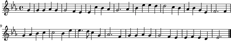 
\new Staff <<
  \set Staff.midiInstrument = "flute"
  \time 4/4
  \key es \major
  \partial 4
  \relative c'' {
  g4 | g g as g | g2 f4 es | es c' bes as | g2.
  as4 | bes es es d | d2 c4 bes | as bes g es | f2.
  f4 | g as bes c | c2 bes4 es | es4. d8 c4 g | as2.
  f4 | g g as g | g2 f4 es | es f es d | es2. \bar "|."
  }
>>
\layout { indent = #0 }
\midi { \tempo 4 = 90 }
