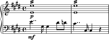 
\relative c' {
  \new PianoStaff <<
    \new Staff {
      \set Staff.midiInstrument = #"piano" \key e \major \clef treble \time 4/4 \set Score.tempoHideNote = ##t \tempo 4 = 40
      <e e'>1:16 \p |
      <e e'>1:16 |
    }
    \new Staff {
      \clef bass \key e \major
      e4.. \mf gis,16 gis4 dis'8 d8 |
      cis4.. cis,16 cis4 r4 |
    }
  >>
}
