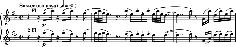  { \new PianoStaff << \new Staff \relative c'' { \set Staff.midiInstrument = #"flute" \clef treble \time 4/4 \tempo "Sostenuto assai" 4 = 60 \key b \minor r4^"1 Fl." r16 fis8\p( a16) r16 fis8( a16) r8 fis( | \scaleDurations 2/3 { fis32 a fis } e8.) r8. a16]( e)[ a-. e-. a-.] \scaleDurations 2/3 { e32( a e } d8.~ | d4.. a'16) r8 a,16( a') d,( a') e( a) | } \new Staff \relative c'' { \set Staff.midiInstrument = #"flute" \clef treble \time 4/4 \key b \minor r4^"2 Fl." r16 fis8\p( e16) r16 fis8( e16) r8 fis8( | \scaleDurations 2/3 { fis32 e fis } e8.) r8. e16]( d)[ e-. d-. e-.] d d8.(~ | d4.. e16) r8 fis,16( a) d( e) d(e) } >> } 