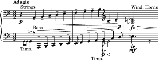 
{ \new PianoStaff <<
 \new Staff \relative c { \key c \major \time 3/2 \clef bass \tempo "Adagio" r4\p^"Strings" a4-- b4-- c4-- d4--\< e4-- | f4-- g4-- a4-- b4-- \clef treble c4-- d4--\! | <es ces as>2\fz\>^"Wind, Horns" s16\! }
 \new Staff \relative c { \key c \major \time 3/2 \clef bass << { s4 r8^"Bass" a,4--^\< b4-- c4-- d4-- e8--~ | e8\! \stemUp f4-- g4--^\> a4-- b4-- c4--\! d8--^\p| } \\ { \stemDown s8_"Timp." \grace { \stemDown g,16 [g16] } g4^> s8 s2 s2 | s2 s4_"Timp." s8 g8~ \trill\p\< g2\! | es'4. \trill\mf r8 s16 } >> } >> }
