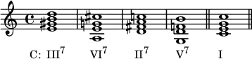  {
\relative c' {
   \clef treble 
   \time 4/4
   \key c \major
   <e gis b d>1_\markup { \concat { \translate #'(-3.5 . 0) { "C:  III" \raise #1 \small "7" \hspace #5 "VI" \raise #1 \small "7" \hspace #5.5 "II" \raise #1 \small "7" \hspace #5.5 "V" \raise #1 \small "7" \hspace #6 "I" } } }
   <a, e' g! cis> <d fis a c!> < g, d' f! b> \bar "||" <c e g c> \bar "||"
} }
