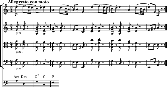  { <<
 \new ChoirStaff <<
  \new Staff \with{ \magnifyStaff #3/4 } \relative c' { \set Staff.midiInstrument = #"violin" \p
   \key c \major \clef treble \set Score.tempoHideNote = ##t \tempo 4 = 60 \time 2/4
   \mark \markup { \abs-fontsize #10 { \bold { Allegretto con moto} } }
    \repeat volta 2 { 
    e'4( f8. e32 d | c8) d-. e4 | a, d8.( c32 b | a8) b-. e,4 |
    e'( f8. e32 d | c8) d-. e4 | a, d8.( c32 b | e8) e, a, r }
   }
  \new Staff \with{ \magnifyStaff #3/4 } \relative c' { \set Staff.midiInstrument = #"pizzicato strings" 
   \key c \major \clef treble \time 2/4
    <e c'>8_"pizz." r <f d'> r | <g, f' b> r <g e' c'> r | <c f a> r <d a'> r | e f b, r |
    <c e a> r <d a'> r | <g, f' b> r <g e' c'> r | <c f a> r <d a'> r | e gis a r |
   }
  \new Staff \with{ \magnifyStaff #3/4 } \relative c' { \set Staff.midiInstrument = #"pizzicato strings" 
   \key c \major \clef alto \time 2/4
    <c e a>8_"pizz." r <d f a> r | <g, g'> r <g g'> r | <a f'> r <a f'> r | c d gis, r |
    <a e' c'> r <a f' d'> r | <g d' b'> r <g e' c'> r | <a f' a> r <a f'> r | c d c r |
   }
  \new Staff \with{ \magnifyStaff #3/4 } \relative c' { \set Staff.midiInstrument = #"pizzicato strings" 
   \key c \major \clef bass \time 2/4
    a8_"pizz." r d, r | g r c, r | f r d r | e e e, r |
    a' r d, r | g r c, r | f r d r | e, e' a, r |
   }
 >> 
 \new Staff = "chords" \with {
      \remove "Time_signature_engraver"
      \magnifyStaff #3/4
    } \relative c' 
 { \hide Staff.KeySignature \key c \major \clef bass
 { \hide Stem a8 s d, s g s c, s f s }} 
\addlyrics \with { alignAboveContext = "chords" \override VerticalAxisGroup.nonstaff-relatedstaff-spacing =
      #'((basic-distance . 3)) } { \override LyricText.font-size = #-2 Am Dm \markup{\concat{G\super{7}}} C F }
>>
 }
\layout { line-width = #150 }
