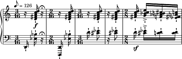  { \new PianoStaff << \new Staff \relative c'' { \set Staff.midiInstrument = #"violin" \clef treble \tempo 8 = 126 \time 3/16 r16 <d c a fis d>\f-! r16\fermata | \time 2/16 r <d c a fis d>-! \time 3/16 r <d c a fis d>8-! | r16 <d c a fis d>8-! | \time 2/8 <d c a fis>16-! <e c bes g>->-![ <cis b aes f>-! <c a fis ees>-!] } \new Staff \relative c { \set Staff.midiInstrument = #"violin" \clef bass \time 3/16 d,16-! <bes'' ees,>-! r\fermata | \time 2/16 <d,, d,>-! <bes'' ees,>-! | \time 3/16 d16-! <ees cis>8-! | r16 <ees cis>8-! | \time 2/8 d16\sf-! <ees cis>-!->[ <d c>-! <d c>-!] } >> } 