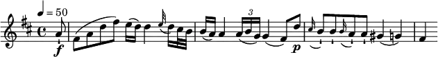 
\relative c' { \set Staff.midiInstrument = #"violin" 
\key d \major
\tempo 4 = 50
\partial 8 a'8-!\f fis8 (a d fis) e16 (d) d4 \appoggiatura e32 d16 cis32 b32 b16 (a) a4 \tuplet 3/2 {a16 (b g)} g4 (fis8) d'\p \appoggiatura cis16 b8-! b8-! \appoggiatura b16 a8-! a-! gis4 (g) fis}
