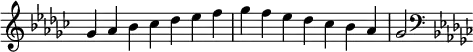   {
\override Score.TimeSignature #'stencil = ##f
\relative c'' {
  \clef treble \key ges \major \time 7/4 ges4 aes bes ces des es f ges f es des ces bes aes ges2
  \clef bass \key ges \major
} }

