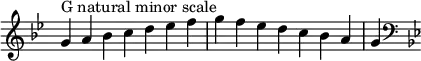  {
\override Score.TimeSignature #'stencil = ##f
\relative c'' {
  \clef treble \key g \minor \time 7/4
  g4^\markup "G natural minor scale" a bes c d es f g f es d c bes a g
  \clef bass \key g \minor
} }
