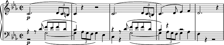 
{ \new PianoStaff <<
  \new Staff { \set Staff.midiInstrument = #"piano"
  \new Voice { \set Score.tempoHideNote = ##t \tempo 2 = 40 \relative c' {
  \clef "treble" \key es \major \stemUp \time 2/2 | % 1
  c2. \p ^( \once \override TupletBracket #'stencil = ##f
  \times 2/3  {
    d8 c8 b8
  }
  | % 2
  c4 ) r4 r2 | % 3
  c2. ^( \once \override TupletBracket #'stencil = ##f
  \times 2/3  {
    d8 c8 b8
  }
  | % 4
  c4. ) ^( d8 es4 ) f4 | % 5
  d2. r4 } } }
  
  \new Staff { <<
    \new Voice { \set Staff.midiInstrument = #"piano" \relative d' {
  \voiceOne \clef "bass" \key es \major \stemUp \time 2/2
  r4 r8 d8 ^( f8 es8 f8 d8 | % 2
  c4 ) s4 s2 | % 3
  r4 r8 d8 ^( f8 es8 f8 d8 | % 4
  c4 ) r4 r2 s1 } }
  
  \new Voice { \relative g {
  \voiceTwo \clef "bass" \key es \major \stemDown \time 2/2
  r2 \p g2 _( _~ | % 2
  g4 \once \override TupletBracket #'stencil = ##f
  \times 2/3  {
    as8 g8 f8
  }
  g4 ) es4 | % 3
  c4 r4 g'2 _( _~ | % 4
  g4 \once \override TupletBracket #'stencil = ##f
  \times 2/3  {
    as8 g8 f8
  }
  g4 ) as4 | % 5
  f4 r4 r2 } }  
  >> }
>> }
