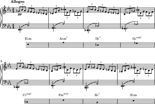  { <<
 \new PianoStaff <<
  \new Staff \with{ \magnifyStaff #2/3 } <<
   \new Voice \relative c' {
   \key ees \major \clef treble \set Score.tempoHideNote = ##t \tempo 4 = 120 \time 3/4
   \mark \markup { \abs-fontsize #10 { \bold { Allegro } } }
   \times 2/3 {ges'8_\markup{\dynamic pp} bes aes} \times 2/3 {ges f ees} \times 2/3 {des ces bes} |
   \times 2/3 {ces ees aes} \stemDown \times 2/3 {ces ees, aes} \times 2/3 {ges ees ges} |
   \stemNeutral \times 2/3 {f ces' bes} \times 2/3 {aes ges f} \times 2/3 {ees des ces} |
   \times 2/3 {bes des ges} \stemDown \times 2/3 {bes des, ges} \times 2/3 {f des f} |
   \stemNeutral \times 2/3 {ees bes' aes} \times 2/3 {ges f ees} \times 2/3 {des ces bes} |
   \times 2/3 {aes ces f} \stemDown \times 2/3 {aes ces, f} \times 2/3 {ees ces ees} |
   \stemNeutral \times 2/3 {d aes' ges} \times 2/3 {f ees d} \times 2/3 {ces bes aes} |
   \times 2/3 {ges bes ees} \stemDown \times 2/3 {ges bes, ees} \times 2/3 {des bes des} |
   }
   \new Voice \relative c' { \stemUp
   s2. | s4 ces'2 | s2. | s4 bes2 |
   s2. | s4 aes2 | s2. | s4 ges2 |
   }
  \new Staff \with{ \magnifyStaff #2/3 } <<
   \new Voice \relative c' {
   \key ees \major \clef bass \time 3/4 \stemUp \slurUp
   ees,,4( ees'2) | aes,4( aes'2) | des,,4( des'2) | ges,4( ges'2)
   ces,,4( ces'2) | f,4( f'2) | bes,,4( bes'2) | ees,4( ees'2)
   } 
   \new Voice \relative c' { \stemDown
   ees,,2. | aes2. | des,2. | ges2.
   ces,2. | f2. | bes,2. | ees2.
   } 
 >> >> >>
 \new Staff = "chords" \with {
      \remove "Time_signature_engraver"
      \magnifyStaff #2/3
    } \relative c' 
 { \hide Staff.KeySignature \key ees \major \clef bass \hide Staff.Clef
 {\stopStaff s4 \startStaff \hide Stem ees,8 s s s s s aes s s s s s des, s s s s s ges s s s \stopStaff s s \startStaff ces, s s s s s f s s s s s bes, s s s s s ees}} 
\addlyrics \with { alignAboveContext = "chords" \override VerticalAxisGroup.nonstaff-relatedstaff-spacing =
      #'((basic-distance . 3)) } { \override LyricText.font-size = #-2 E♭m \markup{\concat{A♭m\super{7}}} \markup{\concat{D♭\super{7}}} \markup{\concat{G♭\super{maj7}}} \markup{\concat{C♭\super{maj7}}} \markup{\concat{Fm\super{7(♭5)}}}  \markup{\concat{B♭\super{7}}} E♭m }
 >>
 }
\layout { line-width = #150 }
