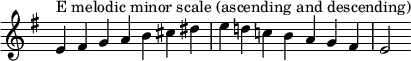  {
\override Score.TimeSignature #'stencil = ##f
\relative c' {
  \clef treble \key e \minor \time 7/4
  e4^\markup "E melodic minor scale (ascending and descending)" fis g a b cis dis e d! c! b a g fis e2
} }
