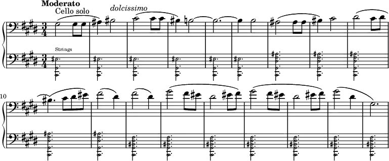 
{ \new PianoStaff <<
   \new Staff \relative c { \key e \major \time 3/4 \clef bass \tempo "Moderato" \set Staff.midiInstrument = #"cello" gis'2(^"Cello solo"  gis8 gis8 ais4)  bis2^\markup { \italic { dolcissimo } } cis2( cis8 cis8 bis4) b2~ b2.~ b4 b2  ais2( ais8 ais8 bis4) cis2 dis2( cis8 dis8 bis4.)( cis8 dis8 eis8) fis2( dis4) fis2( dis4) gis2( fis8 eis8 dis2 eis8 fis8)  gis2( fis8 eis8 dis2 eis8 fis8) gis2( dis4 gis,2.) 
  }
   \new Staff \relative c { \key e \major \time 3/4 \clef bass  \set Staff.midiInstrument = #"strings" 
\new CueVoice { \set Staff.midiInstrument = #"pizzicato strings"
     \stemDown <eis gis, cis,>2.^"Strings" <eis gis, cis,>2. <eis gis, cis,>2. <eis gis, cis,>2. <eis gis, cis,>2. <eis gis, cis,>2. < ais fis dis gis, cis,>2. < ais fis dis gis, cis,>2. < ais fis dis gis, cis,>2. < ais fis dis gis, cis,>2. < ais fis dis gis, cis,>2. < fis dis bis gis cis,>2. < fis dis bis gis cis,>2. < fis dis bis gis cis,>2. < fis dis bis gis cis,>2. < fis dis bis gis cis,>2. < fis dis bis gis cis,>2. < fis dis bis gis cis,>2.
  }}
  >> }
