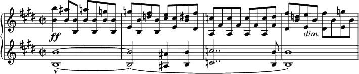 
{ \new PianoStaff <<
\new Staff \relative b' { \set Staff.midiInstrument = #"paino" \key e \major \clef treble \time 2/2 \set Score.tempoHideNote = ##t \tempo 4 = 120
  <b b'>4 \ff <b ais'>8 <b, b'>8 <b' a'>8 <b, b'>8 <b' g'>8 <b, b'>8 | % 2
  <e g'>8 <b b'>8 <d' fis>8 <b, b'>8 <cis' e>8 <e, cis'>8 <b' dis>8
  <dis, fis'>8 | % 3
  <a c'>8 fis'8 <a, c'>8 fis'8 <a, c'>8 fis'8 <a, c'>8 <fis' dis'>8 | % 4
  <dis fis'>8 <b' d>8 <e, e'>8 _\markup{ \italic {dim.} } b'8 <dis,
  fis'>8 b'8 <e, g'>8 b'8 }
\new Staff \relative b { \set Staff.midiInstrument = #"piano" \key e \major \clef treble \time 2/2
  <b b'>1 ~ _^ ~ | % 2
  <b b'>2 ( <ais ais'>4 <b b'>4 | % 3
  <c c'>2.. <b b'>8 | % 4
  <b b'>1 ) }
>> }
