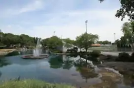 Donnell Stadium overlooking pond