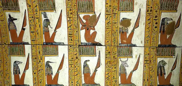 Gatekeepers of Aaru, painting on the southern wall of the tomb of Sennedjem in Dayr al-Madīnah, Thebes, Egypt, around 1775 BC.