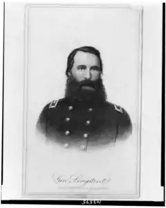 Sketch of Longstreet with a dark beard in a blue United States Army uniform with two buttons