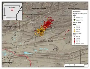 Map of earthquakes in Arkansas