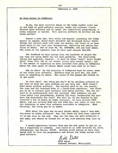 A scan of an A4 typewritten letter, dated February 3, 1976, and signed by Bill Gates (as "General Partner, Micro-Soft"). It is titled "An Open Letter to Hobbyists".