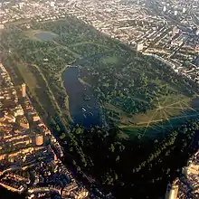 Aerial photograph of Kensington Gardens, Hyde Park and the surrounding area.