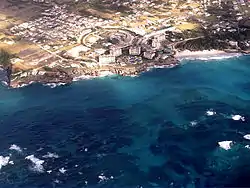 View of the Foul Bay Channel and the Crane Resort from a plane window in 2008.