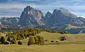 The Seiser Alm from Hotel Icaro, with the Langkofel massif in the background