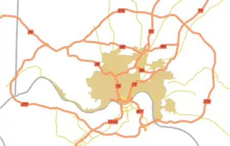 A simple map of Cincinnati's major thoroughfares