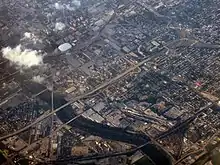 An aerial photograph of downtown Indianapolis