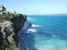 Photo of jagged cliffs beaten by strong surf  and comprising eighty percent of the coastline inside Cobblers Reef.