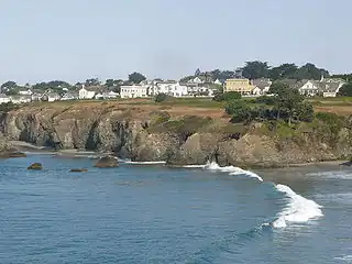 View of Main Street in Mendocino from across Big River Cove