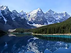 A lake by mountains