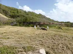 This enormous gun is well within the danger zone. Rich and John are both over 190 cm tall and nearer the camera. The guns were transported overland via a purpose-built railway that is no longer extant. A second barrel was shipped to the site in 1965 and attached and strengthened with external bracing to allow it to be raised from the horizontal.